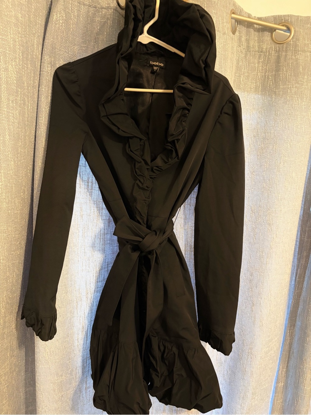 Bebe Black Long-Sleeve Ruffle Wrap Dress with Tie Waist